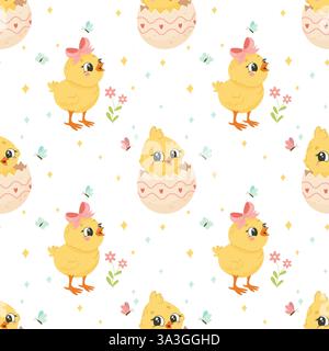 Seamless Pattern with Cute Easter Chicks white background Stock Vector