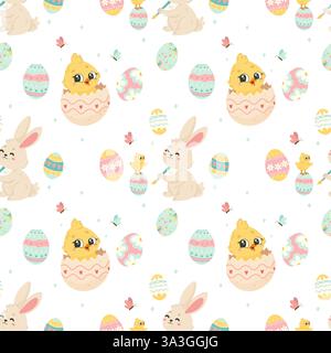 Seamless Pattern with Easter Bunnies and Eggs Stock Vector
