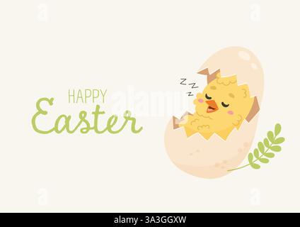 Cute Easter Chick Sleeping in Egg Shell banner card Stock Vector