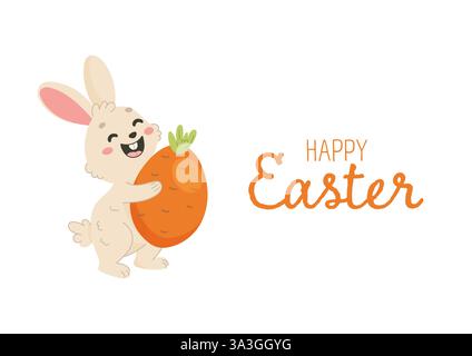 Happy Easter Bunny Holding Big Carrot card poster Stock Vector