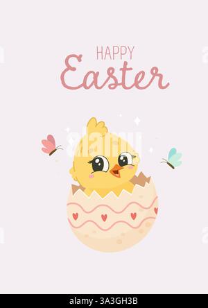Cute Easter Chick Hatching from Decorated Egg Stock Vector