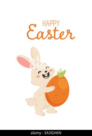 Happy Easter Bunny Holding Big Carrot card Stock Vector
