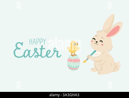 Cute Easter Bunny Painting Decorated Egg card Stock Vector