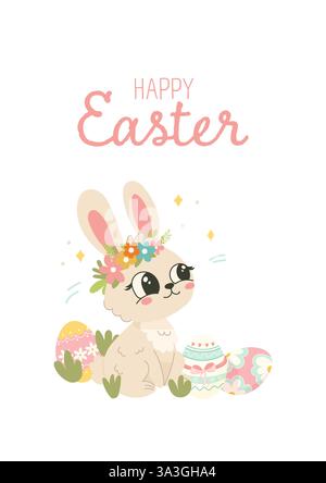 Cute Easter Bunny with Flower Crown and Eggs Stock Vector