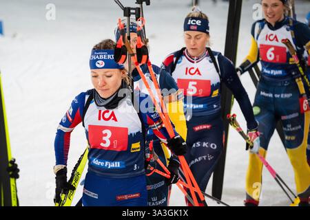 Océane Michelon of France heading to the start line. The Skidskyttekampen 2025 Biathlon