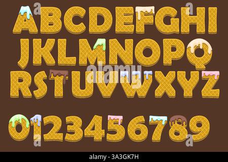 Alphabet, letters, numbers and signs made from waffles with crema. Set of isolated vector objects. Education cards, stickers, typography print for Stock Vector