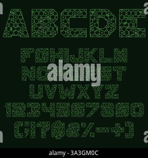Font, alphabet with green geometric shapes, hexagon, circle. Isolated vector objects on black background. Stock Vector