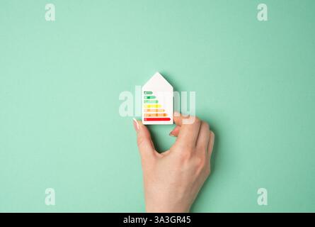 Hand holding a figurine of a house with an energy efficiency rating scale. Optimizing energy use. Cost savings, environmental responsibility, and ener Stock Photo