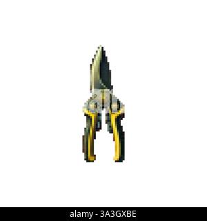 Tree pruner vector. Pixel garden scissors for pruning plants. Sharp blades of scissors icon. Garden equipment nippers vector. Vector icon style 80s. Stock Vector