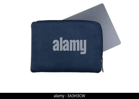 Metallic laptop inserted half-way into blue computer case with open zipper against white background Stock Photo
