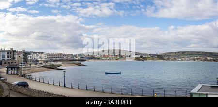 Panoramic view of Swanage beach and Bay looking North East in Swanage, Dorset, UK, on 13 March 2025 Stock Photo