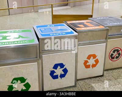 Translation of Arabic text (Organic, plastic, paper, general) metal trash bin for different garbage, Separation and sorting of rubbish, Colorful Conta Stock Photo
