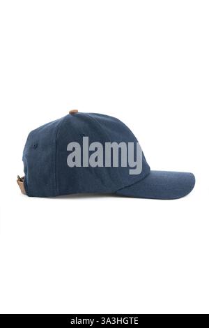 Blue textile baseball cap with brown elements, right side view, on white background Stock Photo
