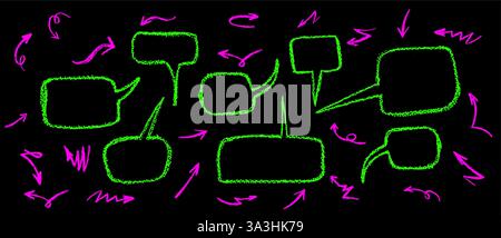 Crayon drawing speech buble set with graffiti style arrows. Collection of hand drawn chalk elements. Vector acid pink and green charcoal handwriting Stock Vector