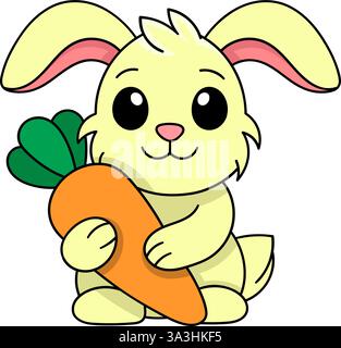 This charming digital illustration features a cute yellow bunny with big black eyes, pink ears, and a happy expression while holding a large orange ca Stock Vector