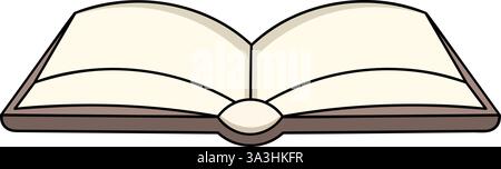This digital illustration features an open book in a cartoon style with soft beige pages and a brown hardcover, outlined in black for a clean and mode Stock Vector