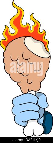 This bold and dynamic cartoon illustration features a crispy fried chicken drumstick engulfed in flames, symbolizing extreme spiciness and heat Stock Vector