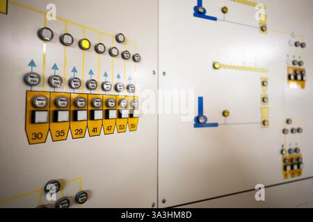 Industrial control panel with different buttons. Stock Photo