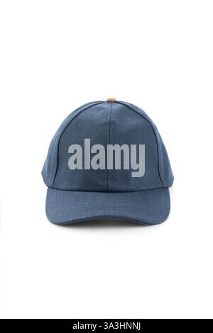 Blue textile baseball cap with a brown button, front view, on white background Stock Photo