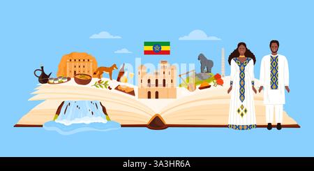 Ethiopian culture elements, food and drink, famous architecture landmarks of Ethiopia in infographic collage with open giant paper book, people in traditional dress cartoon vector illustration Stock Vector
