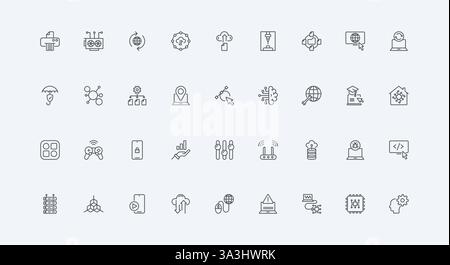 Server and computer, code security thin black outline symbols vector illustration. Information technology, data storage and network infrastructure with AI, software settings line icon set Stock Vector
