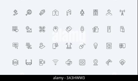 Digital system management, network thin black outline symbols vector illustration. Smart gadget and home devices, access and remote control of equipment via mobile app, IoT line icon set Stock Vector
