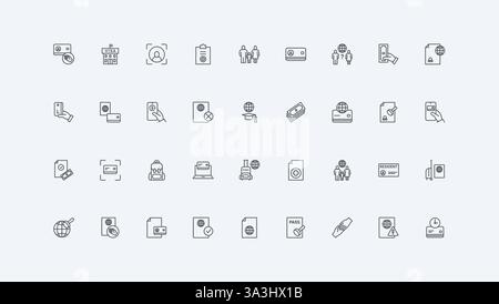 Legal documents for family in foreign country travel, students study thin black outline symbols vector illustration. Immigration, work permit, visa approval process and status line icon set Stock Vector