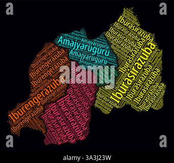 Rwanda shape. Country word cloud with region division. Rwanda colored ...