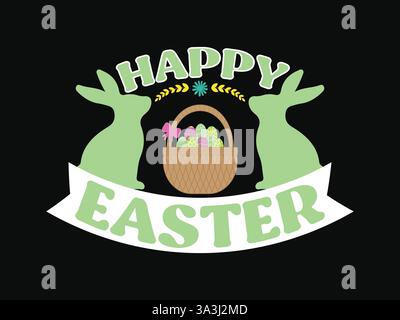 Happy easter card with decorative eggs, cute bunnies vector illustration Stock Vector