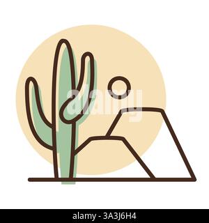 Cactus mountain and sun vector icon. Rocky desert landscape. Nature sign. Graph symbol for travel and tourism web site and apps design, logo, app, UI Stock Vector