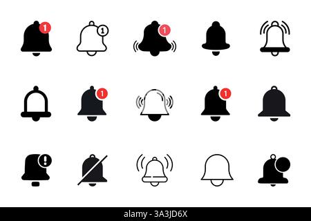 Notification bell icon set. Incoming inbox message. New message notification icons collection. Ringing bell and notification for clock and smartphone, Stock Vector
