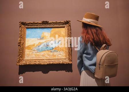 17 January 2025, Louvre museum Abu Dhabi, UAE: Tourist admiring painting at museum exhibition of impressionist art Stock Photo