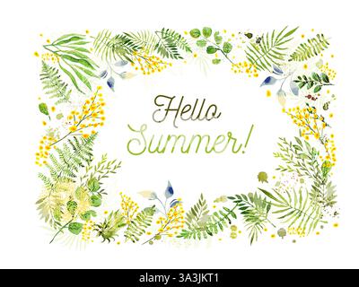 Hello Summer. Watercolor Leaves Frame and mimosa branches. hand drawing. Not AI Vector illustration Stock Vector