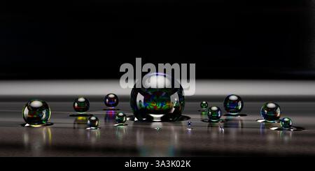 Dichoric smoked shiny glass ball against a black interior. Abstract 3d render. dark moody composition with geometric shapes, modern background design. Stock Photo