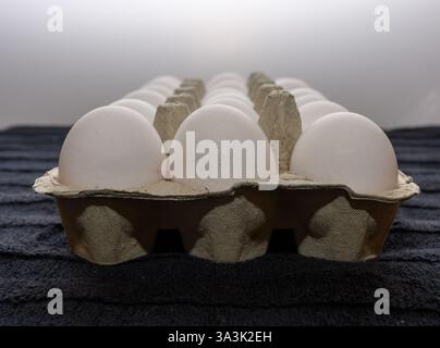 A carton filled with white eggs rests on a dark textured surface, showcasing fresh ingredients ideal for various recipes or baking projects in the kit Stock Photo