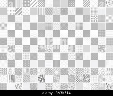 Collection of vector seamless geometric patterns in different styles. White and gray repeatable unusual minimalistic prints. Striped, dotted, mosaic Stock Vector