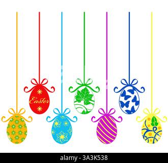Group of different hanging Easter egg decorations isolated on white background Stock Vector