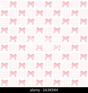 Vintage Coquette aesthetic pink ribbon bow in frame seamless pattern on cell background. Trendy flirty patterned drawing backdrop. Vector illustration Stock Vector