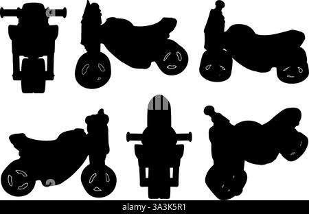 Set of motorcycle toys for kids in different positions isolated on white Stock Vector