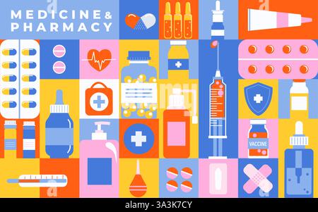 Geometric tile banner of medicine or pharmacy. Stock Vector