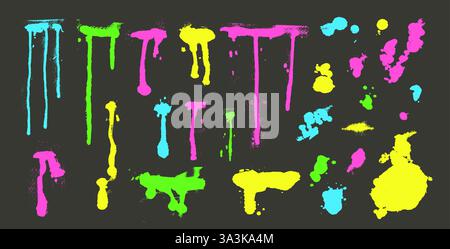 Paint spray splatters lines set. Grunge graffiti splashes and drips pack. Ink spots and blob shapes. Collage smudge. Dirty destroyed, liquid vibrant s Stock Vector