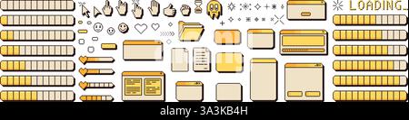 Pixel art windows interface vintage. 8 bit browser and menu elements with cursors and loading bar. Pixel screens 90s style. Ui message frames figures. Stock Vector