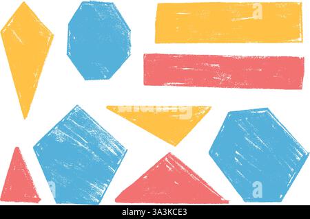 Kids geometric shapes set. Text boxes textured frames. Rounded and square figures. Vector hand drawn quotation stickers shapes. Blue red and yellow gr Stock Vector