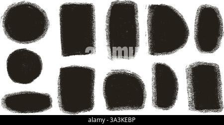Linocut rough geometric shapes set. Circle, ellipse, rectangle text boxes. Abstract japandi decor. Vector geometry grafitti spray shapes. Hand drawn c Stock Vector