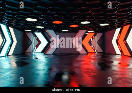 3D rendering of epic hall with neon direction elements and hexagonal ceiling Stock Photo