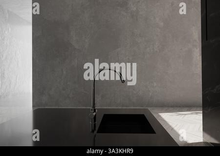 3D rendering of kitchen tap on black reflective kitchen countertop Stock Photo