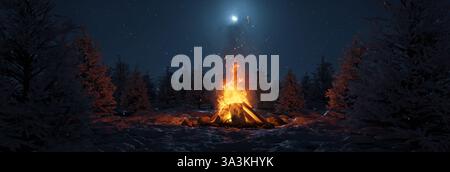 bonfire with sparks in front of snowy pine trees and moonlight sky. 3D Rendering Stock Photo