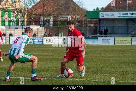Jake Daniels controlling the ball for Warrington Rylands against Blyth Spartans at Croft Park, Blythe, UK, 15.03.2025 Stock Photo