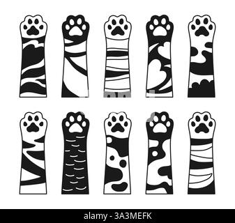 Cats paws cartoon doodle black and white set. Different cat kitten palm up furry hands. Art design footprint for pet store flat style. Textured patterned pets feet various fur. Vector Illustration Stock Vector