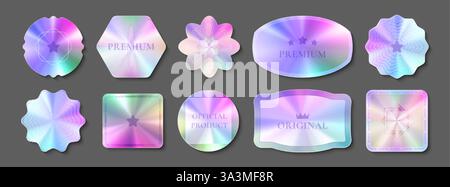 Hologram stickers set with gradient iridescent shapes. Multicolored premium labels in geometric forms with rainbow spectrum. Security seals collection Stock Vector